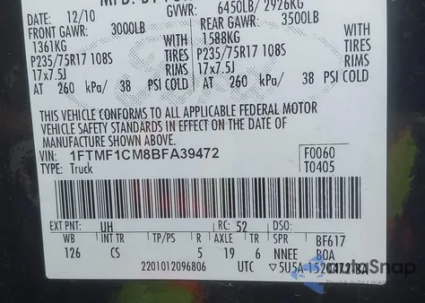 2011 Ford F-150 Xl from USA, damaged, VIN 1FTMF1CM8BFA39472
